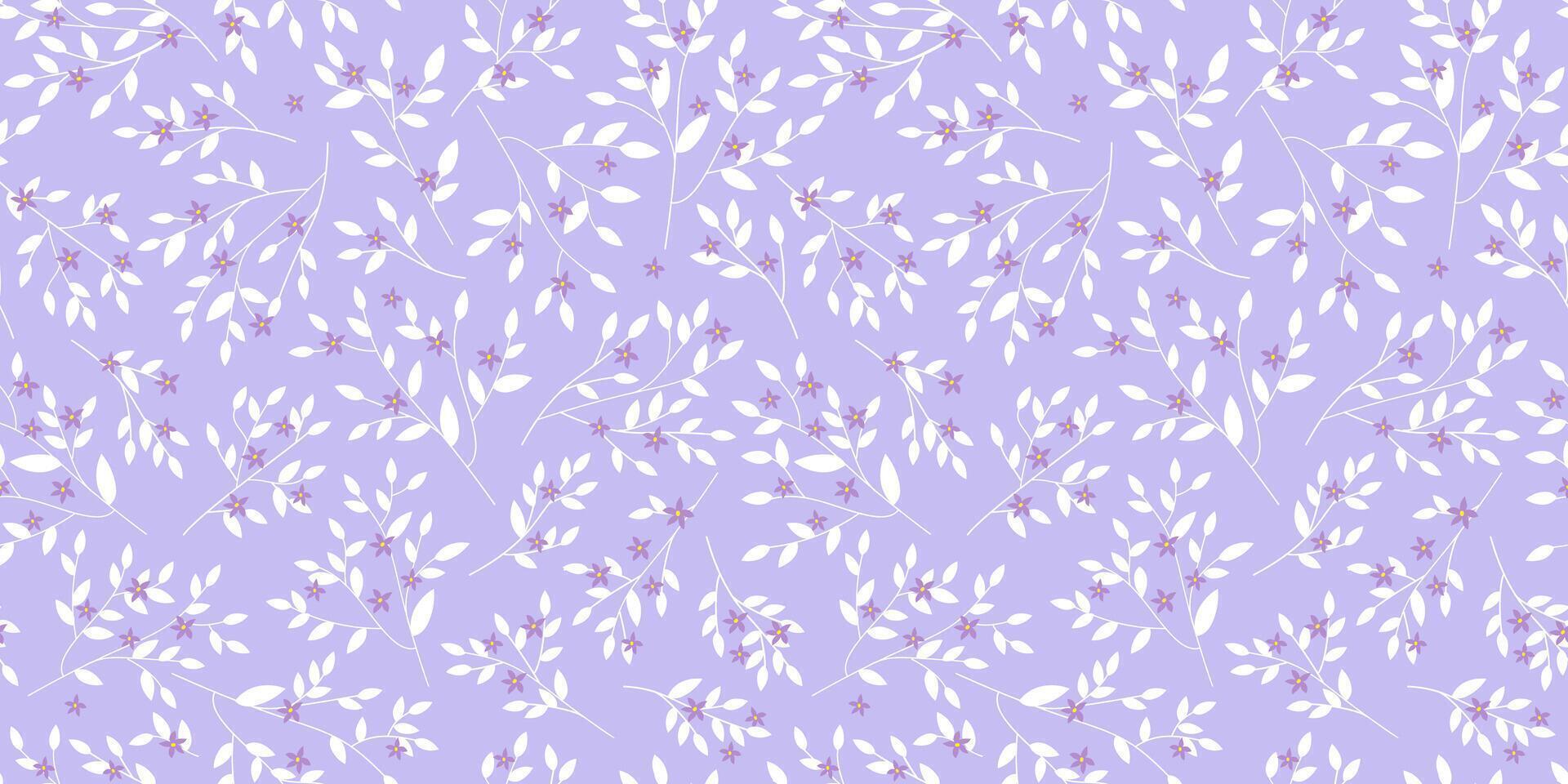 Seamless pattern with delicate branches with leaves and flowers. Floral decorative abstract blossom print. Vector graphics.