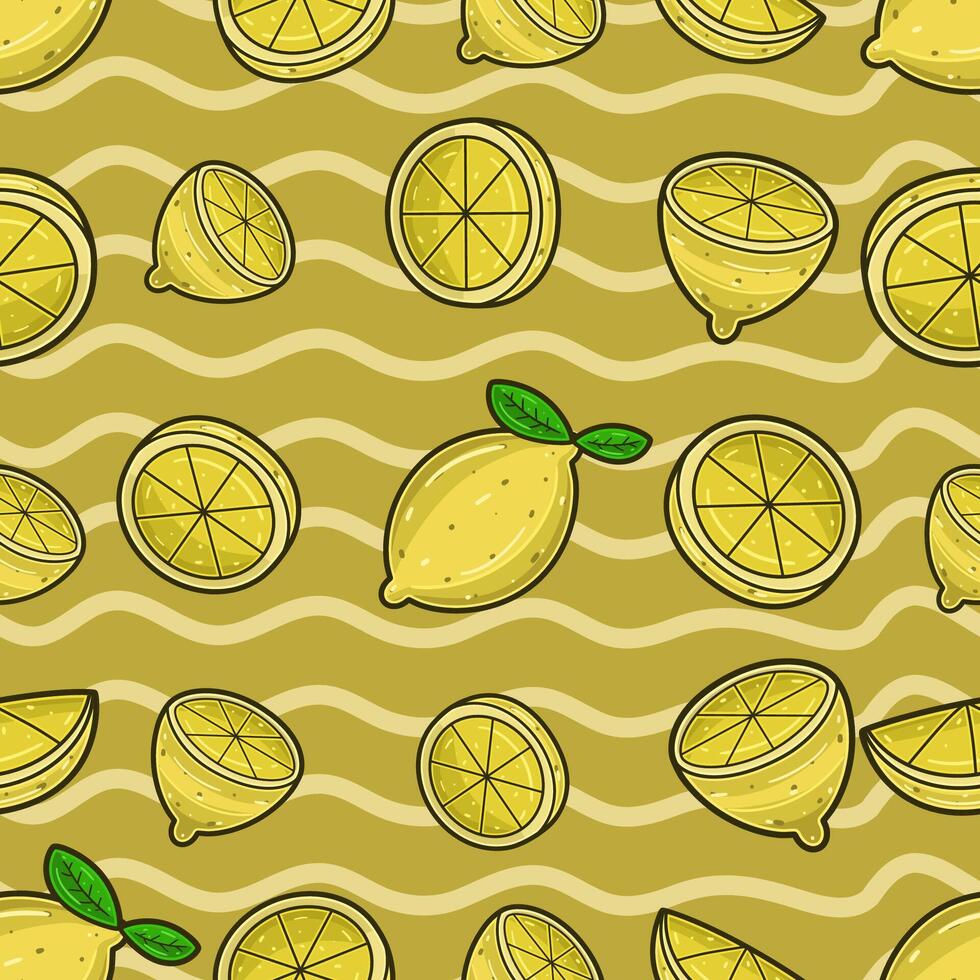 Lemon Fruit Seamless Pattern in Cartoon Style. Perfect For Background, Backdrop, Wallpaper and Cover Packaging. vector
