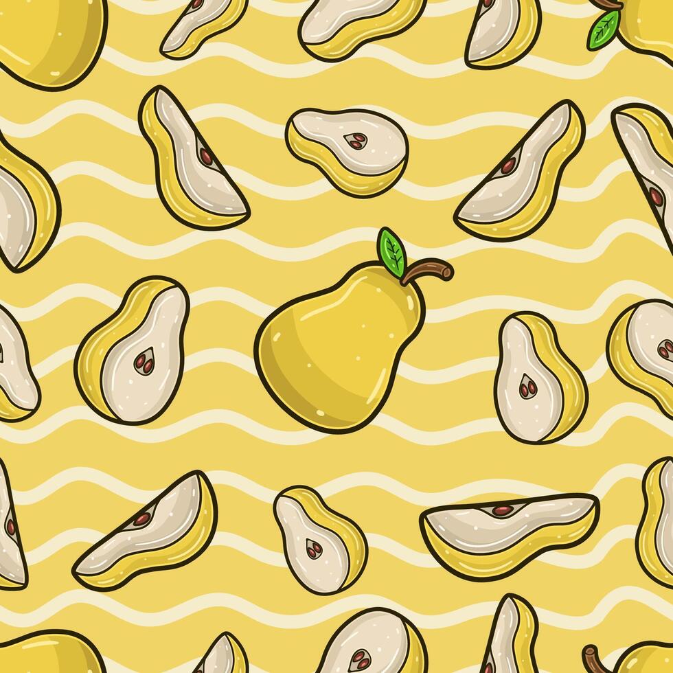 Pear Fruit Seamless Pattern in Cartoon Style. Perfect For Background, Backdrop, Wallpaper and Cover Packaging. vector