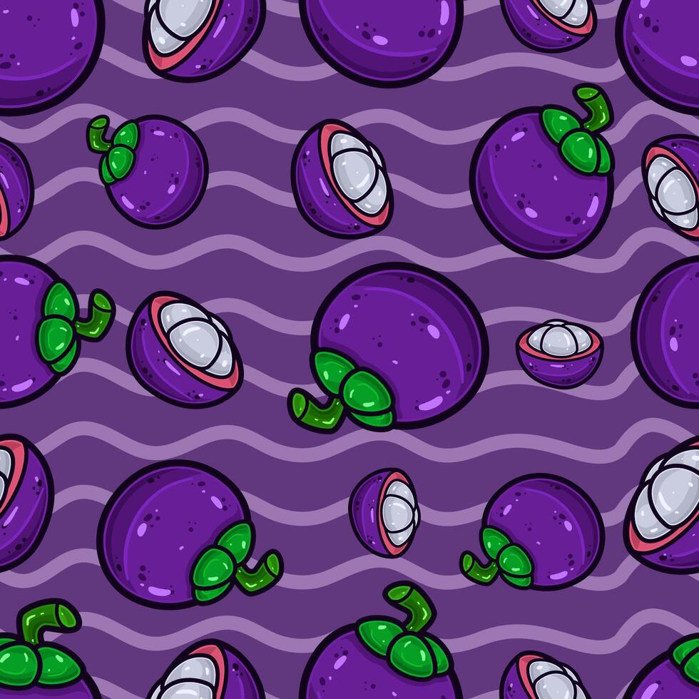 Mangosteen Fruit Seamless Pattern in Cartoon Style. Perfect For Background, Backdrop, Wallpaper and Cover Packaging. vector