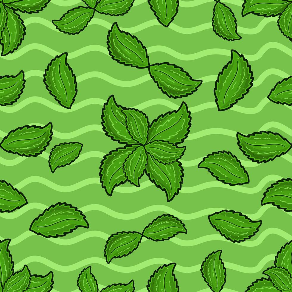 Mint Leaf Seamless Pattern in Cartoon Style. Perfect For Background, Backdrop, Wallpaper and Cover Packaging. vector