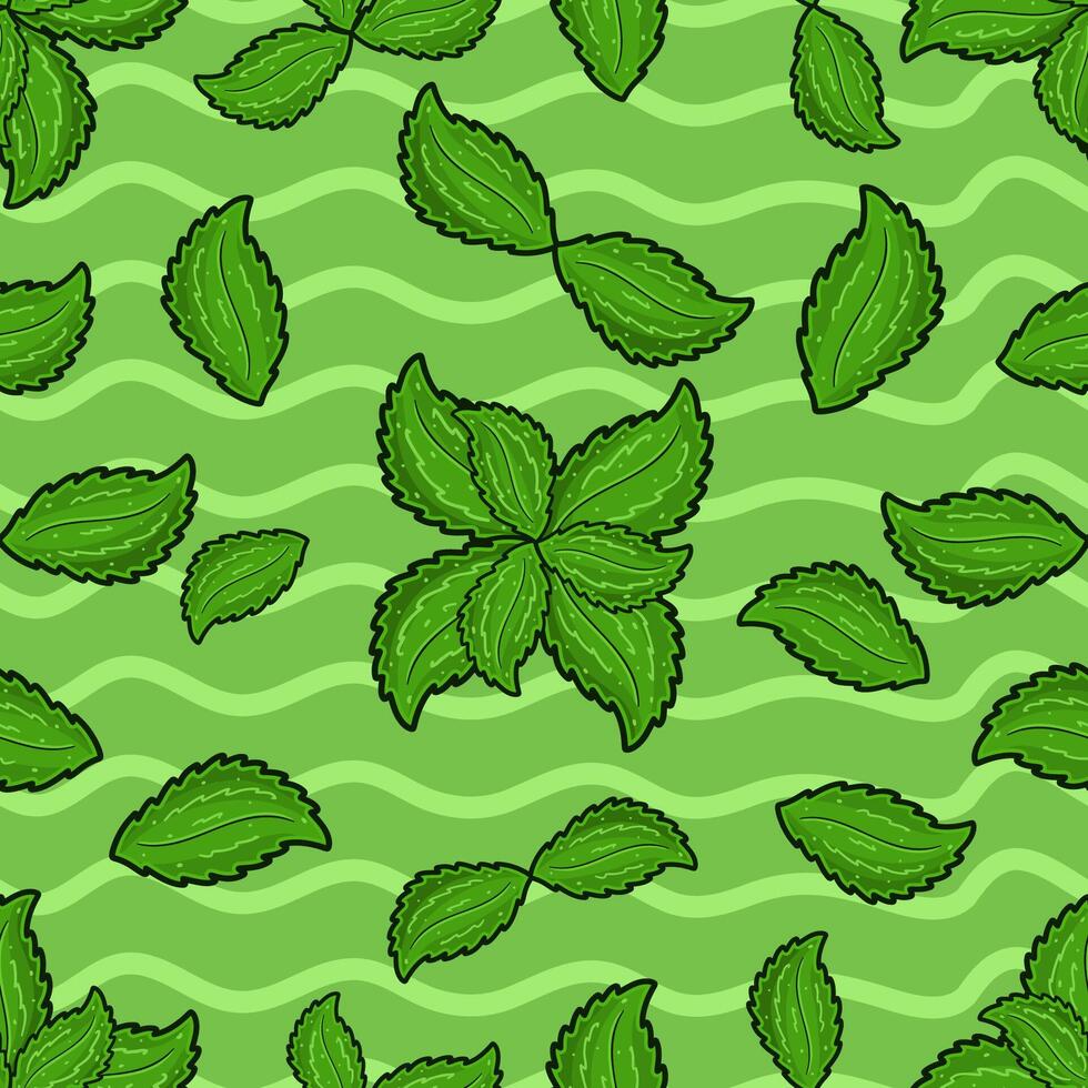 menta hoja sin costura modelo en dibujos animados estilo. Perfecto para fondo, fondo, fondo de pantalla y cubrir embalaje. vector