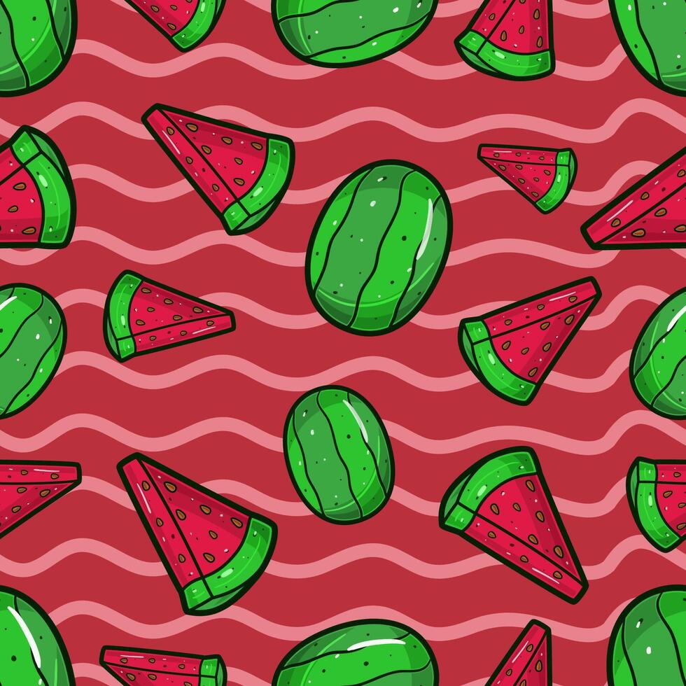 Watermelon Fruit Seamless Pattern in Cartoon Style. Perfect For Background, Backdrop, Wallpaper and Cover Packaging. vector