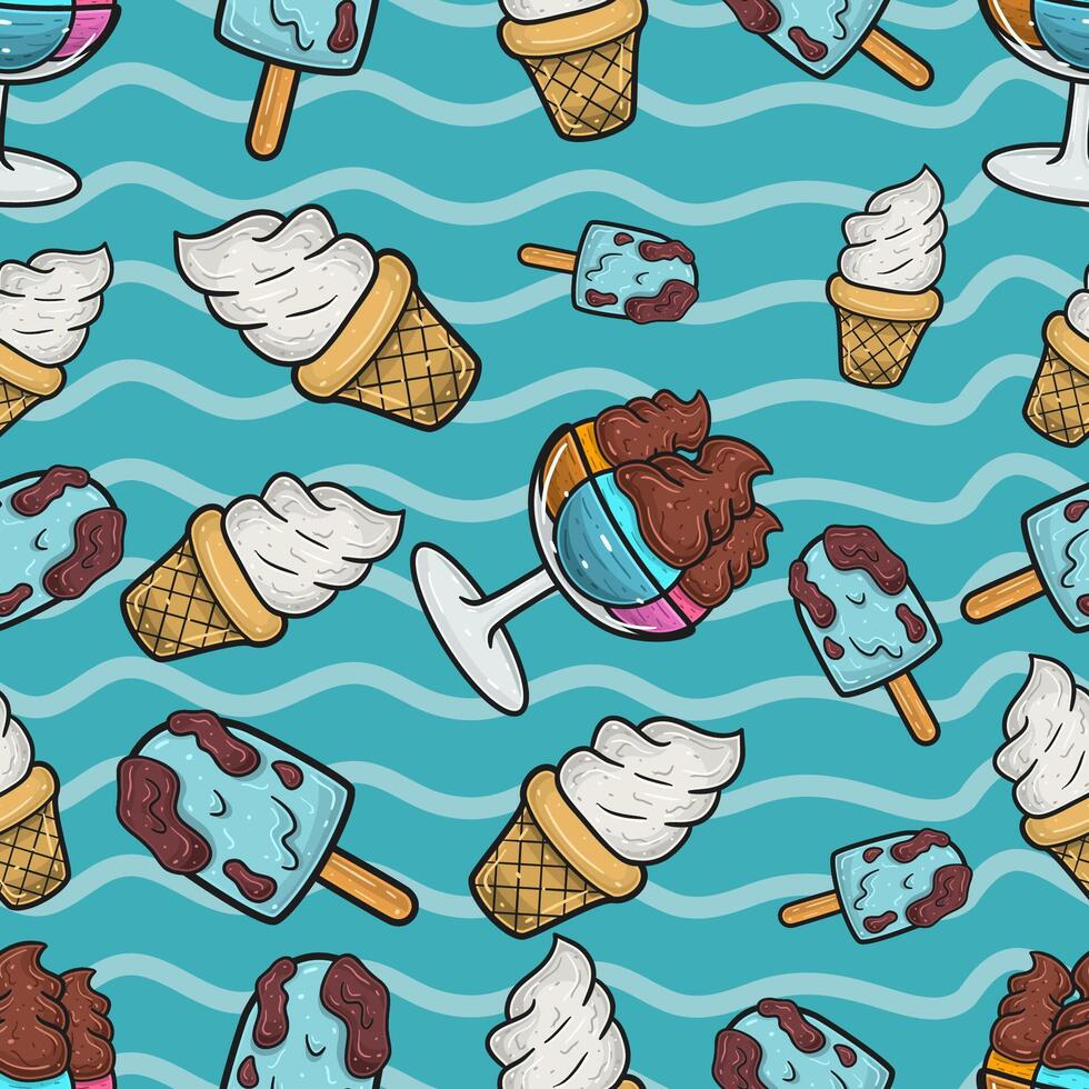 Ice Cream Seamless Pattern in Cartoon Style. Perfect For Background, Backdrop, Wallpaper and Cover Packaging. vector