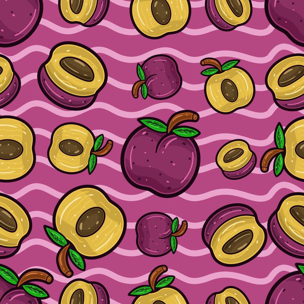 ciruela Fruta sin costura modelo en dibujos animados estilo. Perfecto para fondo, fondo, fondo de pantalla y cubrir embalaje. vector