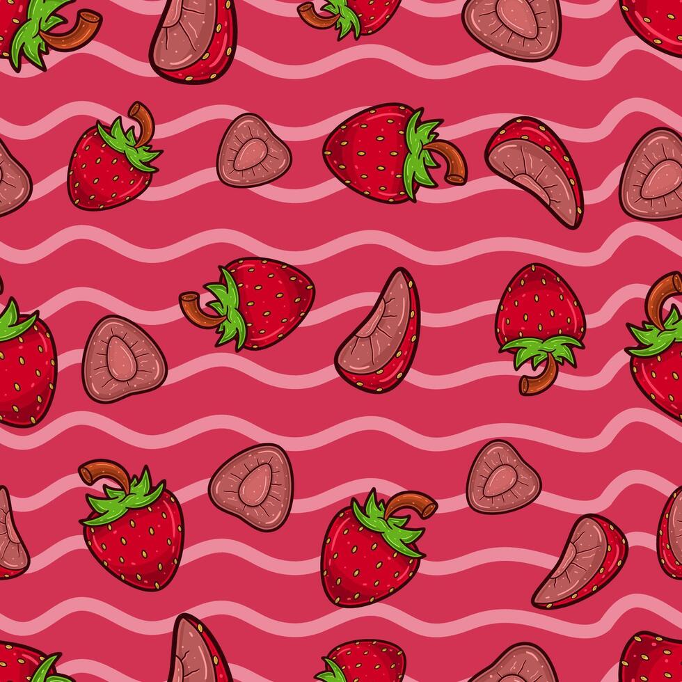 Strawberry Fruit Seamless Pattern in Cartoon Style. Perfect For Background, Backdrop, Wallpaper and Cover Packaging. vector