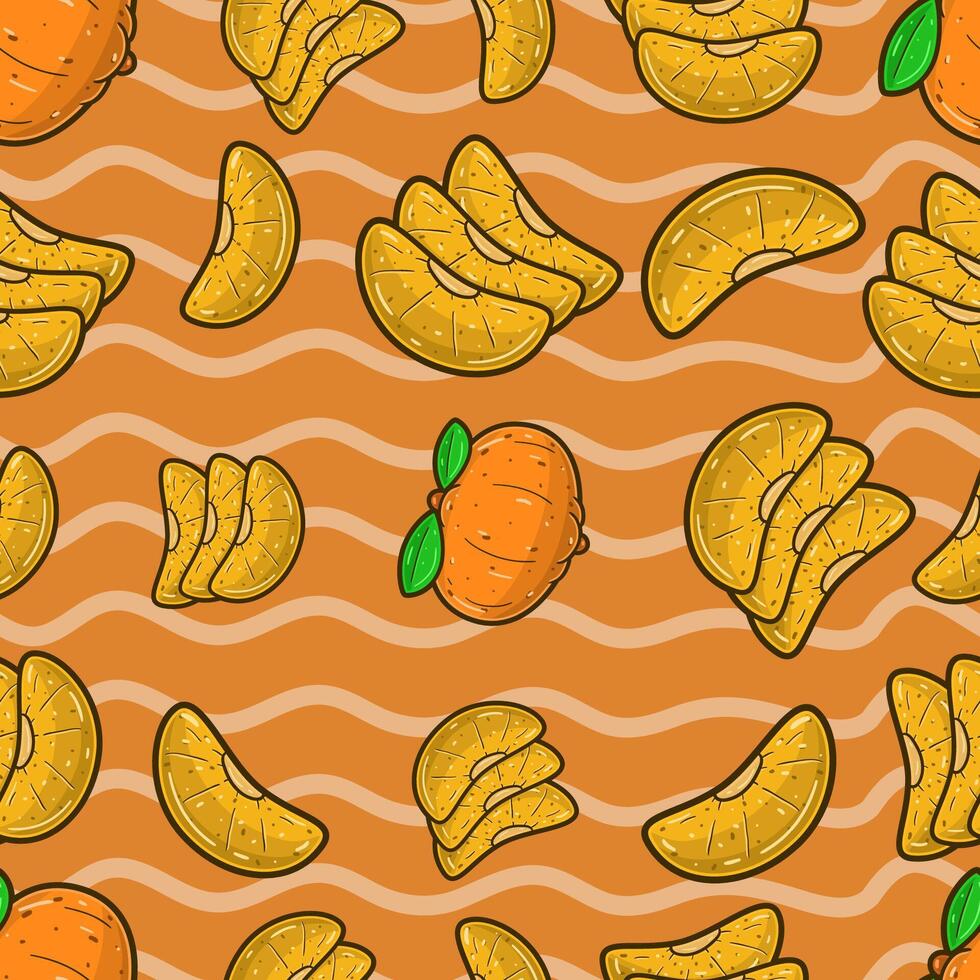 naranja Fruta sin costura modelo en dibujos animados estilo. Perfecto para fondo, fondo, fondo de pantalla y cubrir embalaje. vector