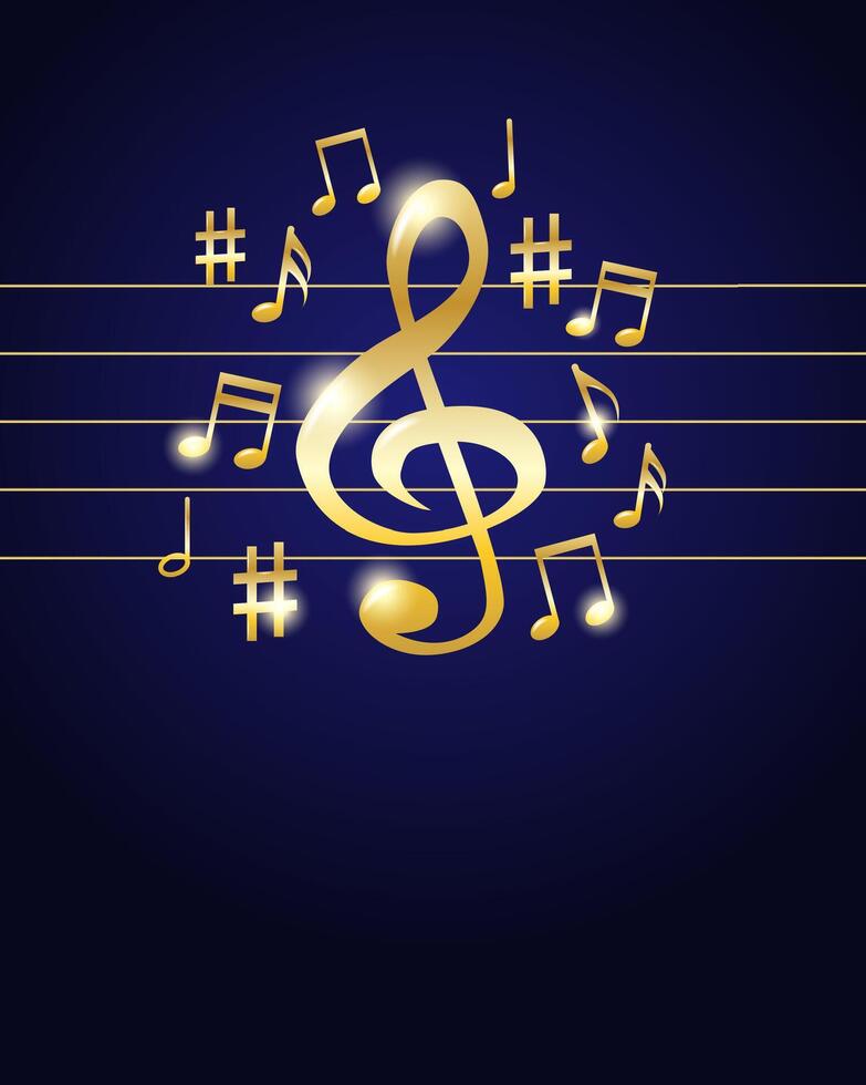 Music notes melody background. Gold notes symbols on dark blue background. Vector. vector