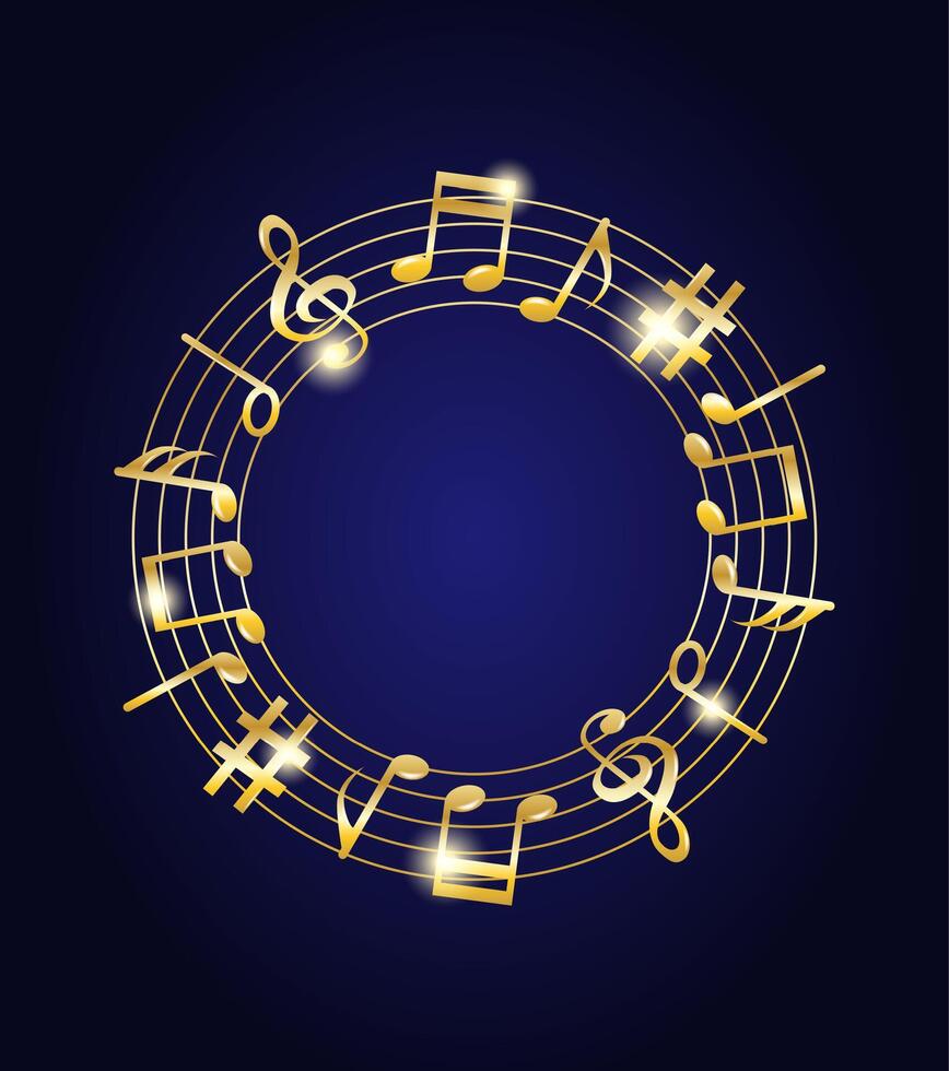 Music notes melody background. Gold notes symbols on dark blue background. Vector. vector