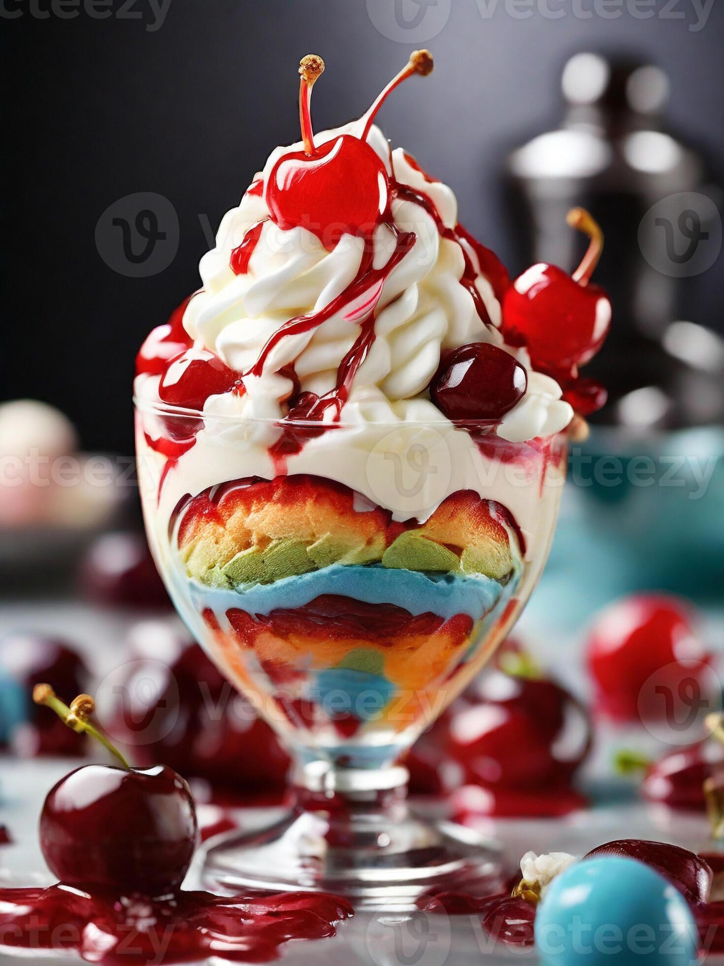 AI generated Mouthwatering Rainbow Ice Cream Sundaes Garnish