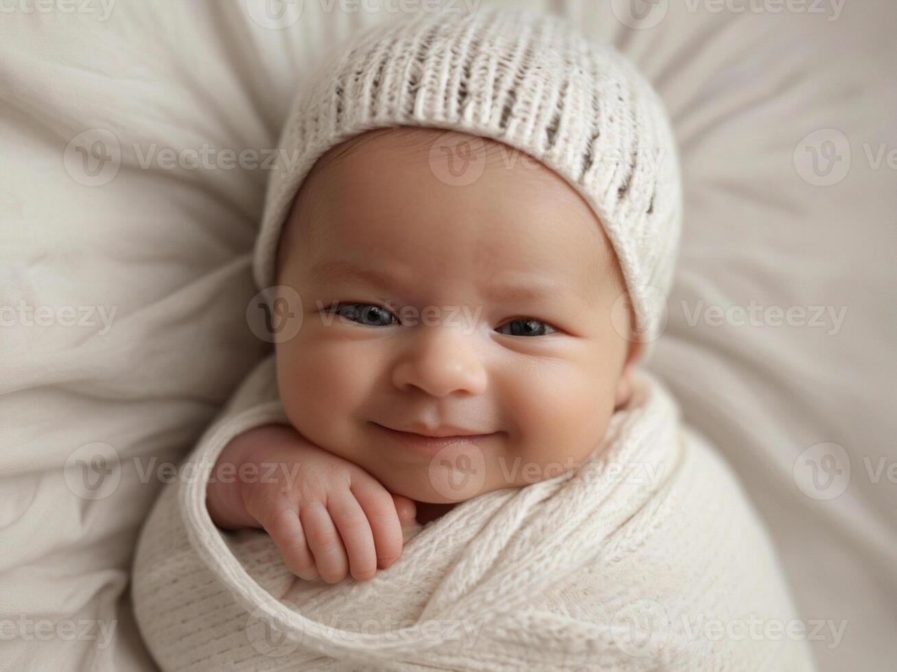 AI generated Peaceful Newborn Bliss A Serene Baby's Smile Captured on a White Bed, Symbolizing Health and Happiness photo