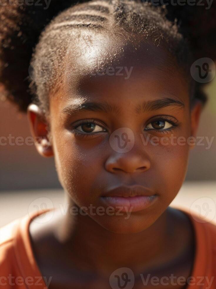AI generated Outdoor close up portrait of a cute young black girl photo