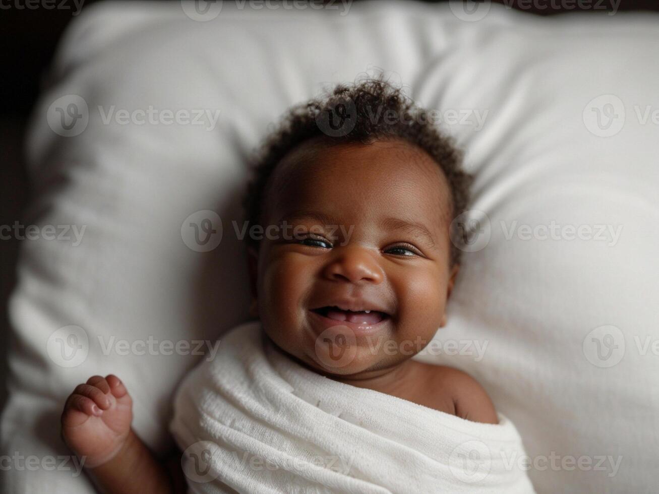AI generated Peaceful Newborn Bliss A Serene black Baby's Smile Captured on a White Bed, Symbolizing Health and Happiness photo