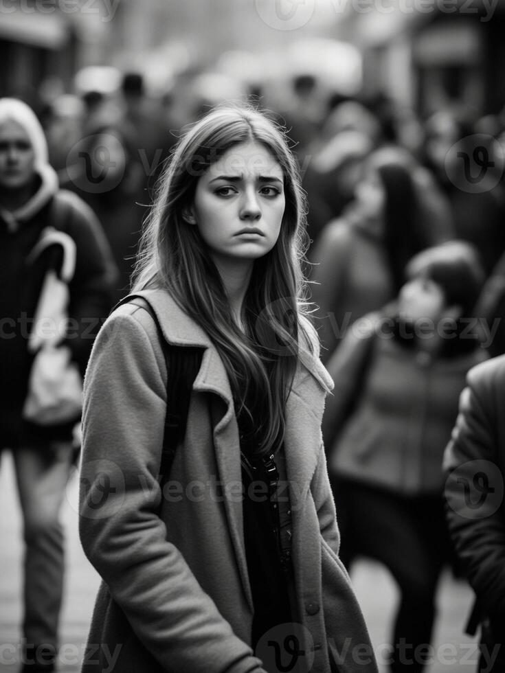 ai generado mental salud problemas, joven mujer soportes en multitud de personas en un brumoso y triste humor. foto