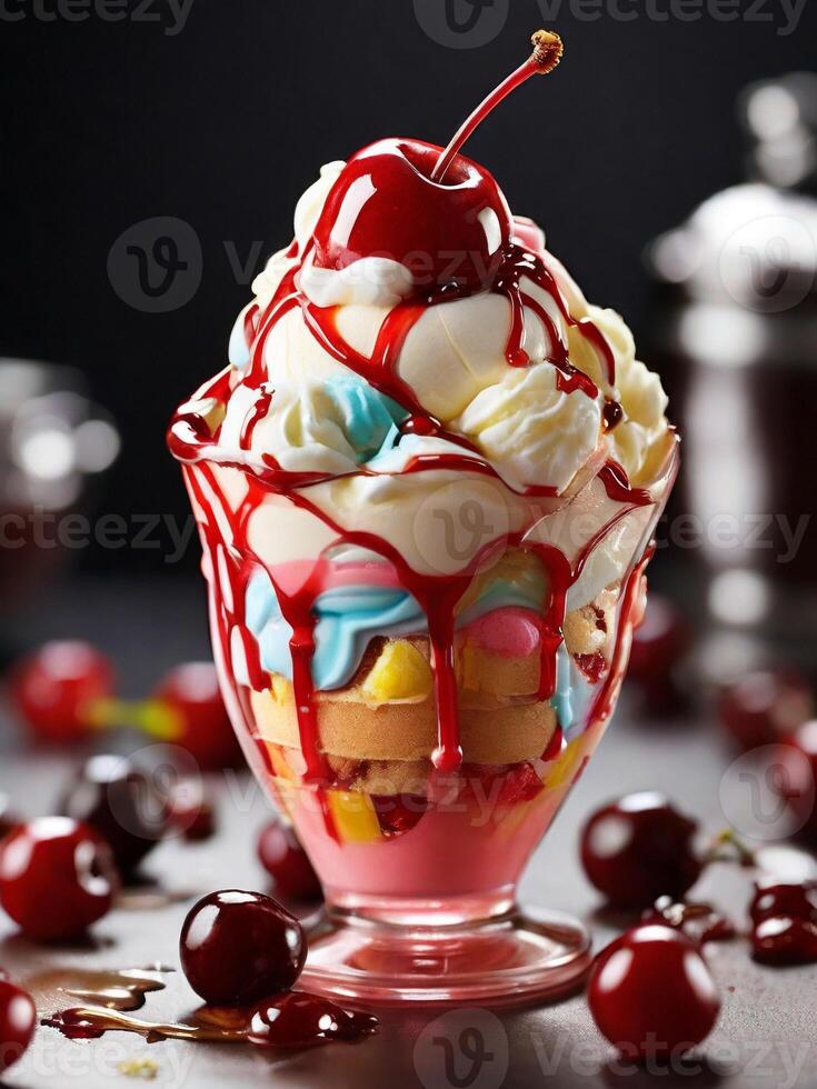 AI generated Mouthwatering Rainbow Ice Cream Sundaes Garnish with a glazed cherry on top. photo