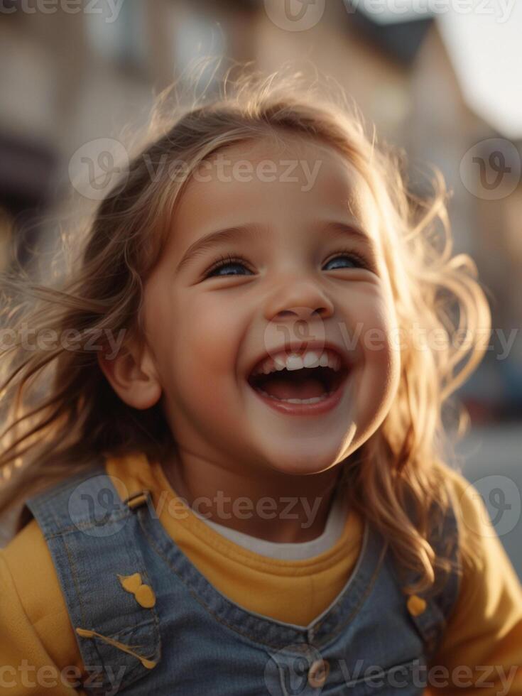 AI generated Cute little girl laughing happily in the city during morning time photo