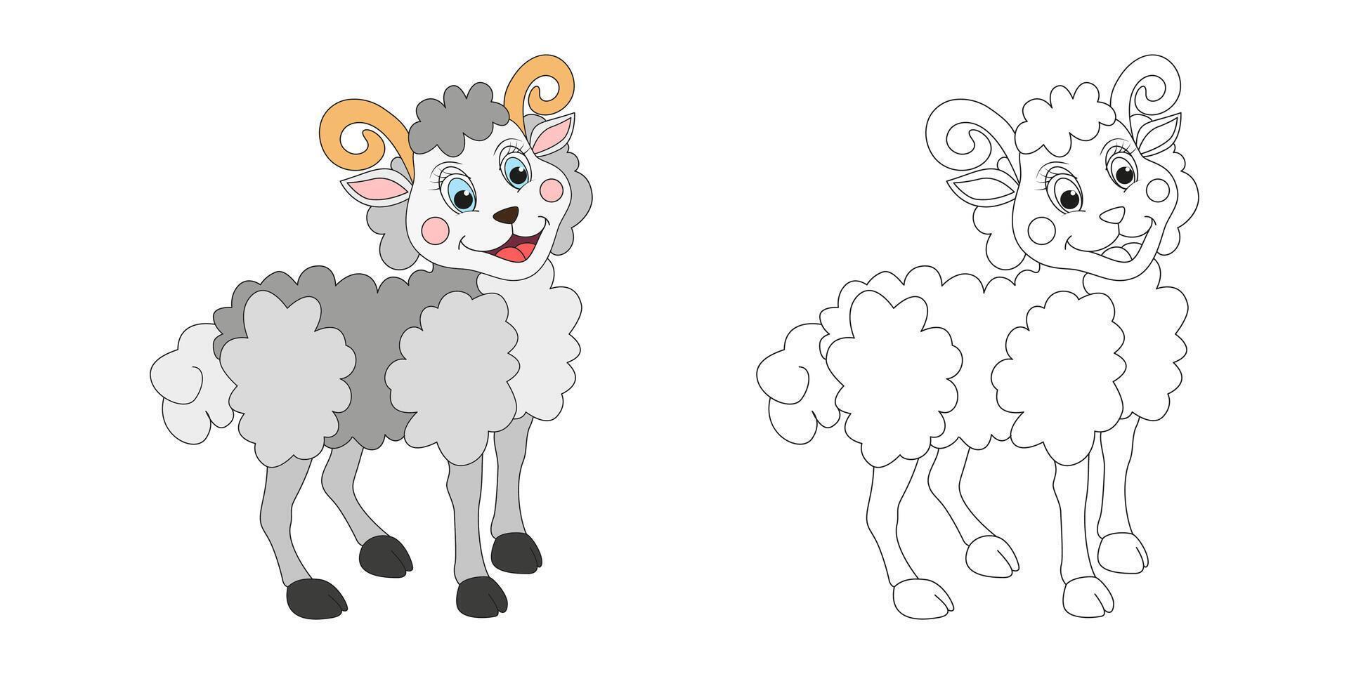 Ram or sheep line and color illustration. Cartoon vector illustration for coloring book.