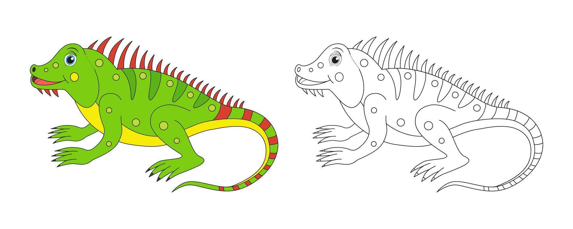 Iguana line and color illustration. Cartoon vector illustration for coloring book.