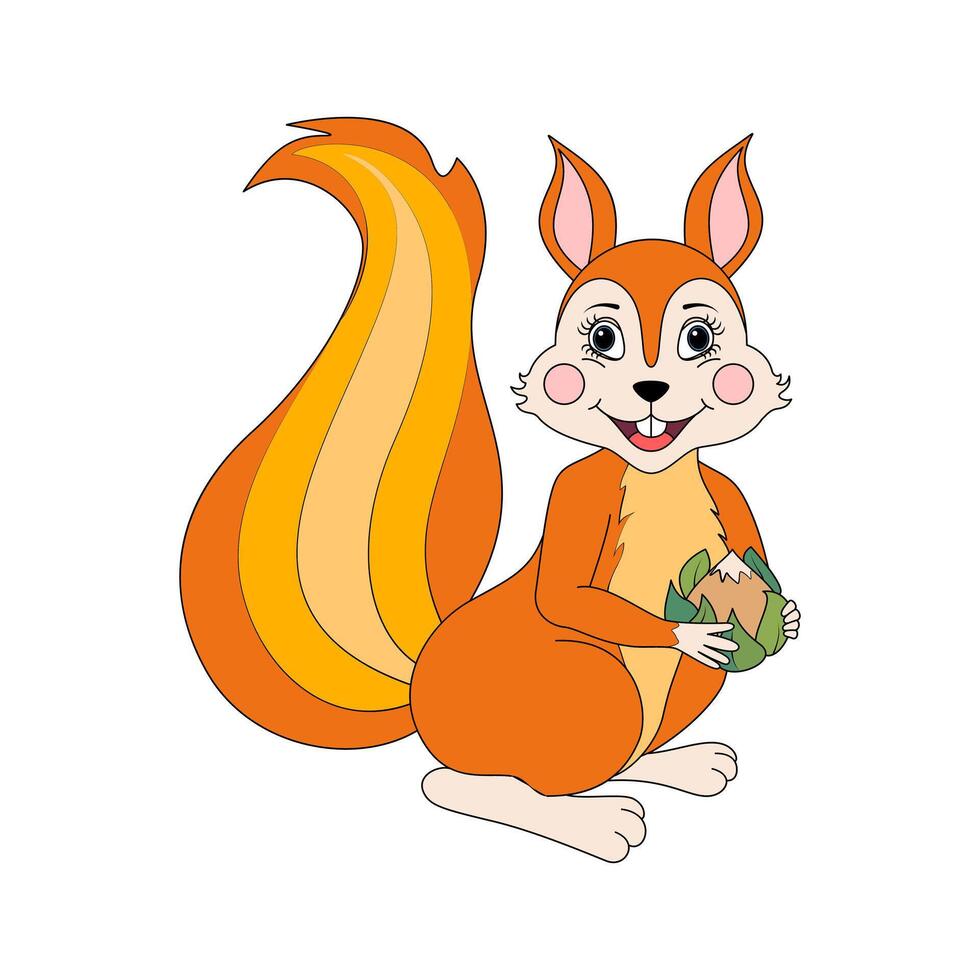 Cute squirrel cartoon. Red fluffy squirrel holding nut. Vector Illustration.