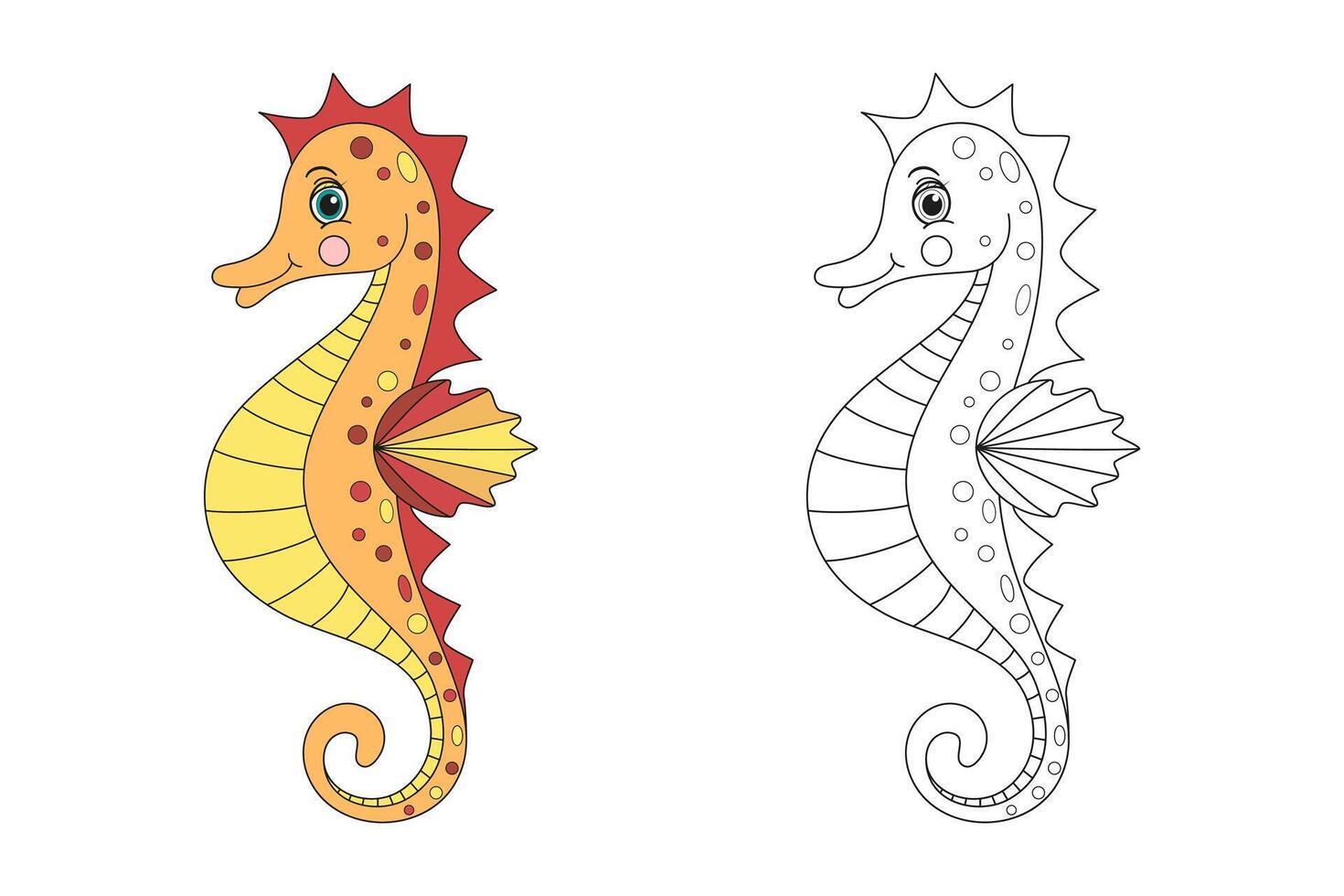 Seahorse line and color illustration. Cartoon vector illustration for coloring book.