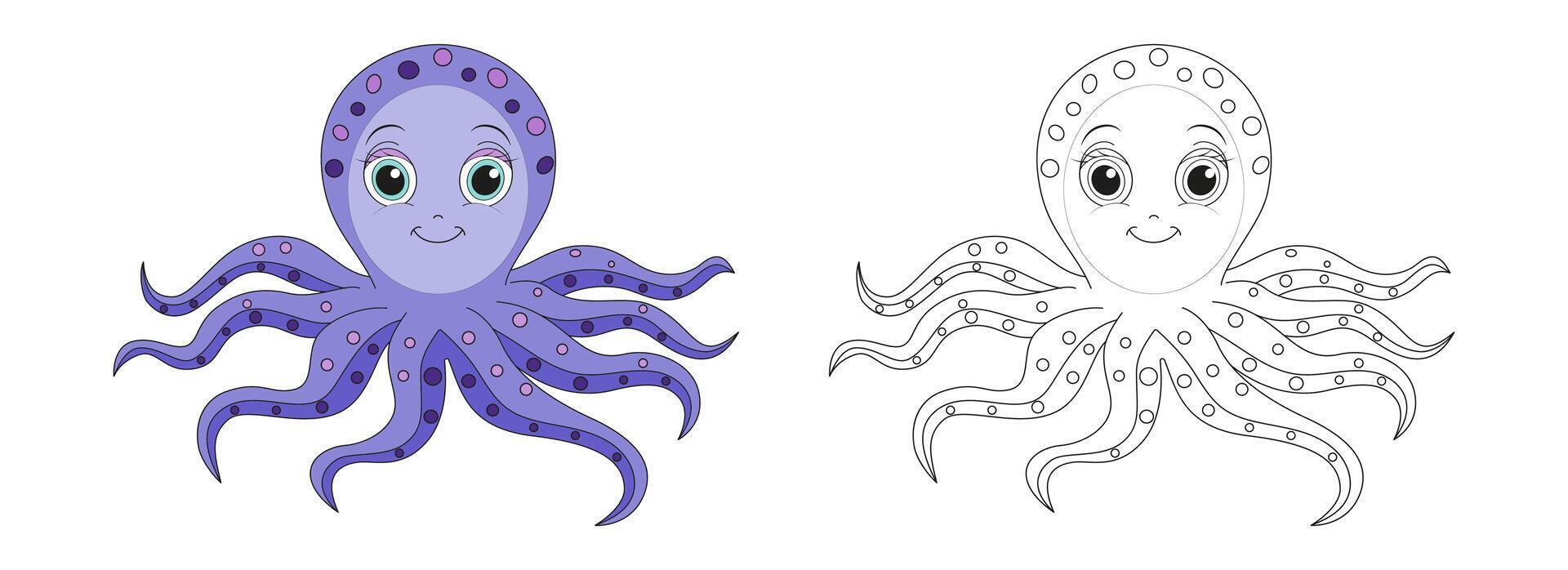 Octopus line and color illustration. Cartoon vector illustration for coloring book.