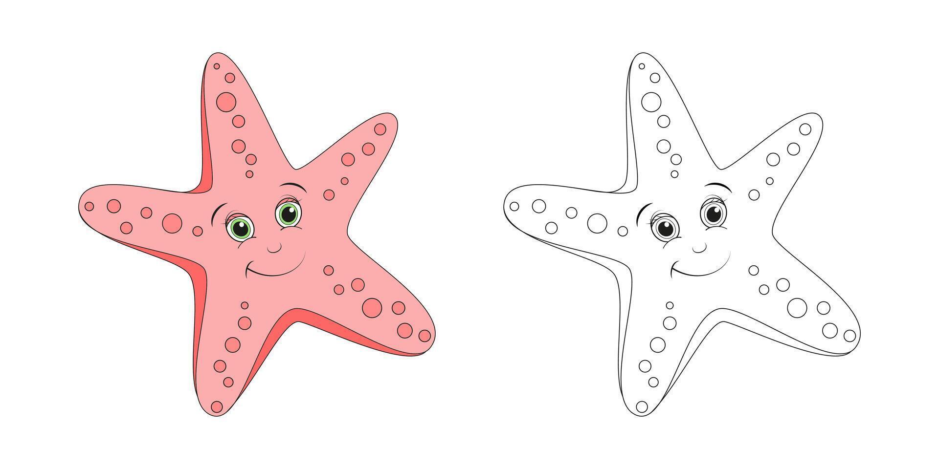 Starfish line and color illustration. Cartoon vector illustration for coloring book.