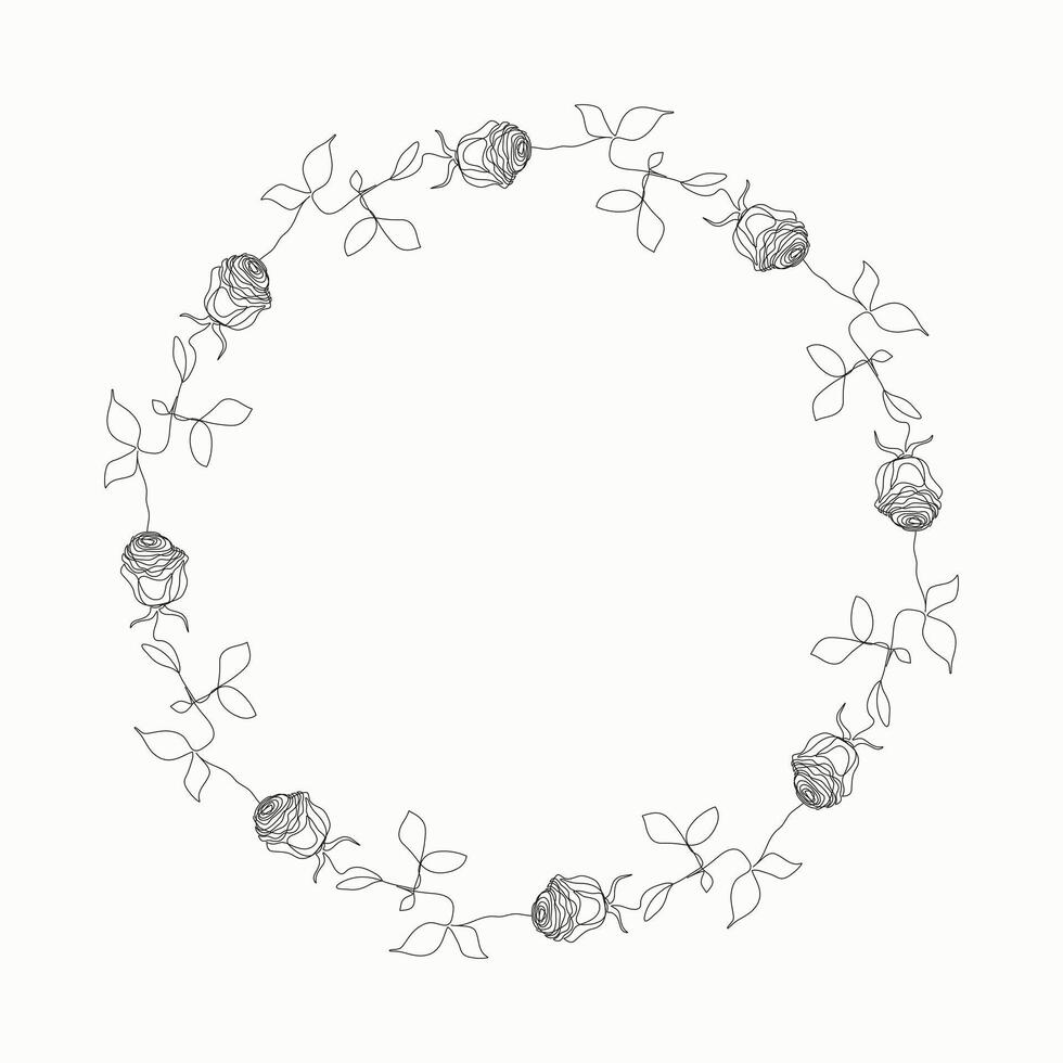 Wreath with rose, art lines flower. Floral frame line art isolated on white background. vector