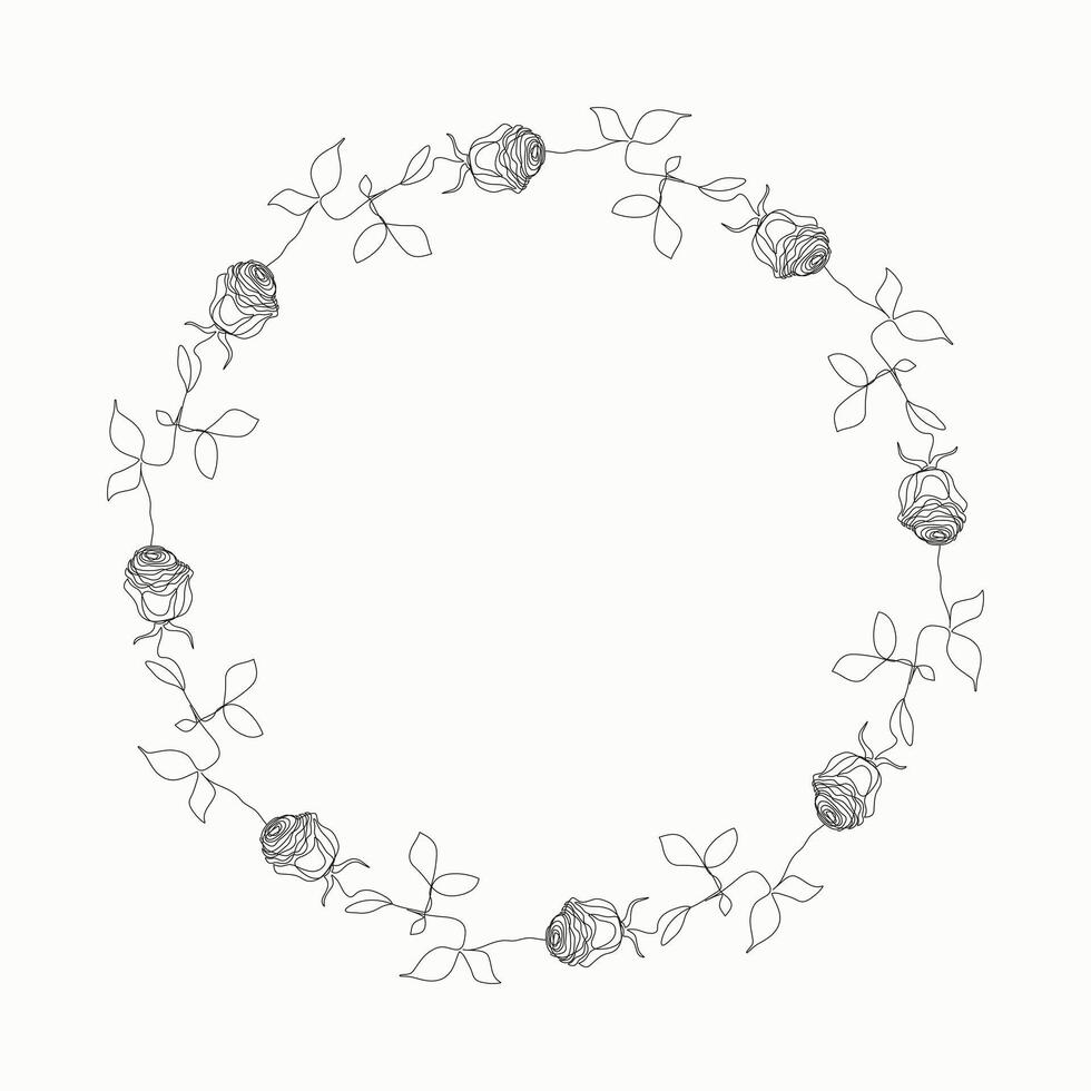 Wreath with rose, art lines flower. Floral frame line art isolated on white background. vector