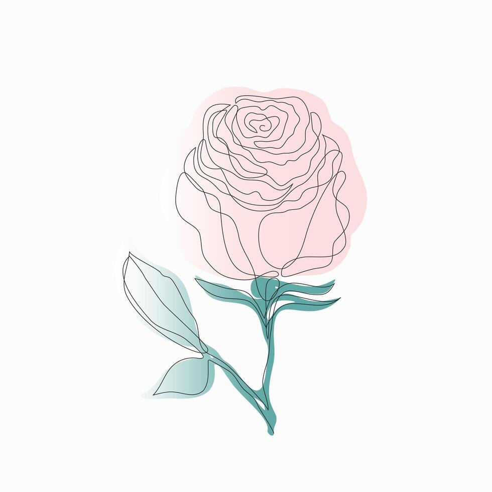 One line drawing. Ornament with garden rose and leaves. Hand drawn sketch. Vector illustration.