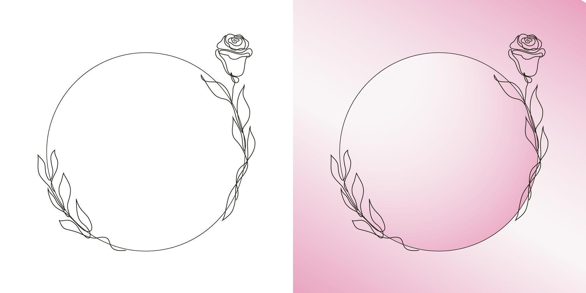 Set of sketched floral rings. Branches, rose, leaves. Mono line frames. vector