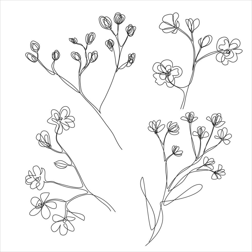 Set of graphic vector plant branches with leaves and flowers. Vector elements for wedding design, logo design, packaging and other ideas.