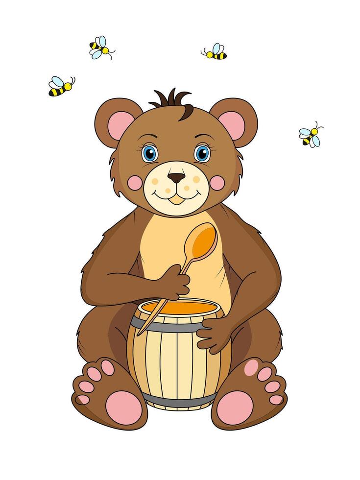 Cartoon baby bear sitting and eating honey from the pot vector