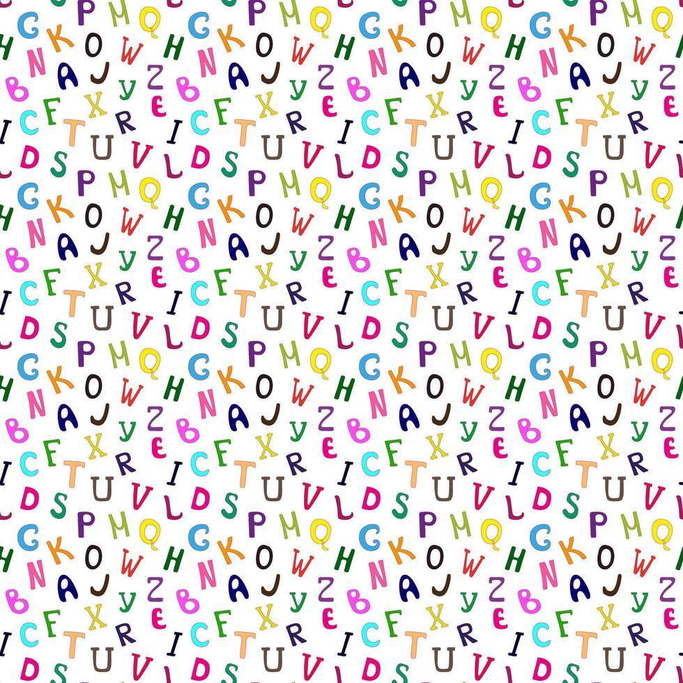 Vector seamless pattern with letters of the alphabet in random order on a white background. Hand drawn illustration. Handwritten latin letters.