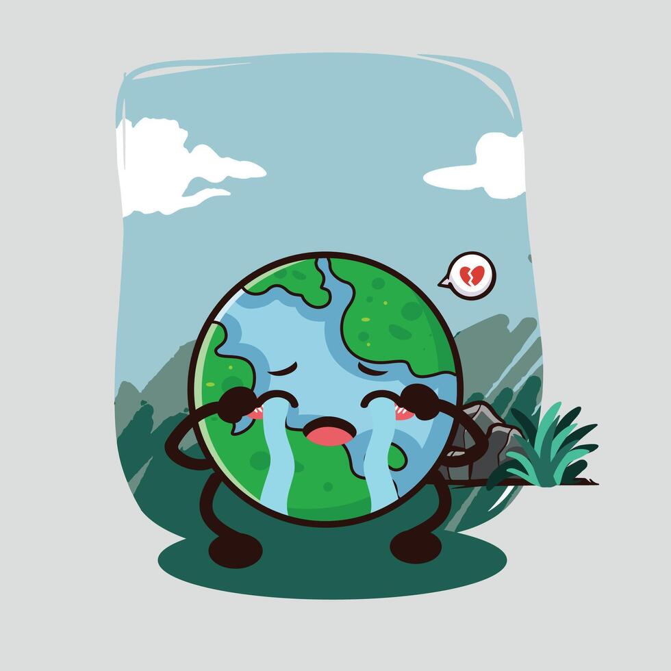 cute earth crying cartoon illustration vector