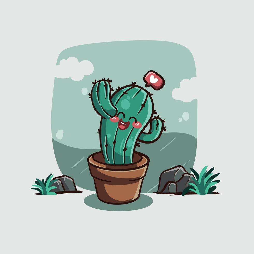 linda cactus en maceta con dibujos animados estilo vector