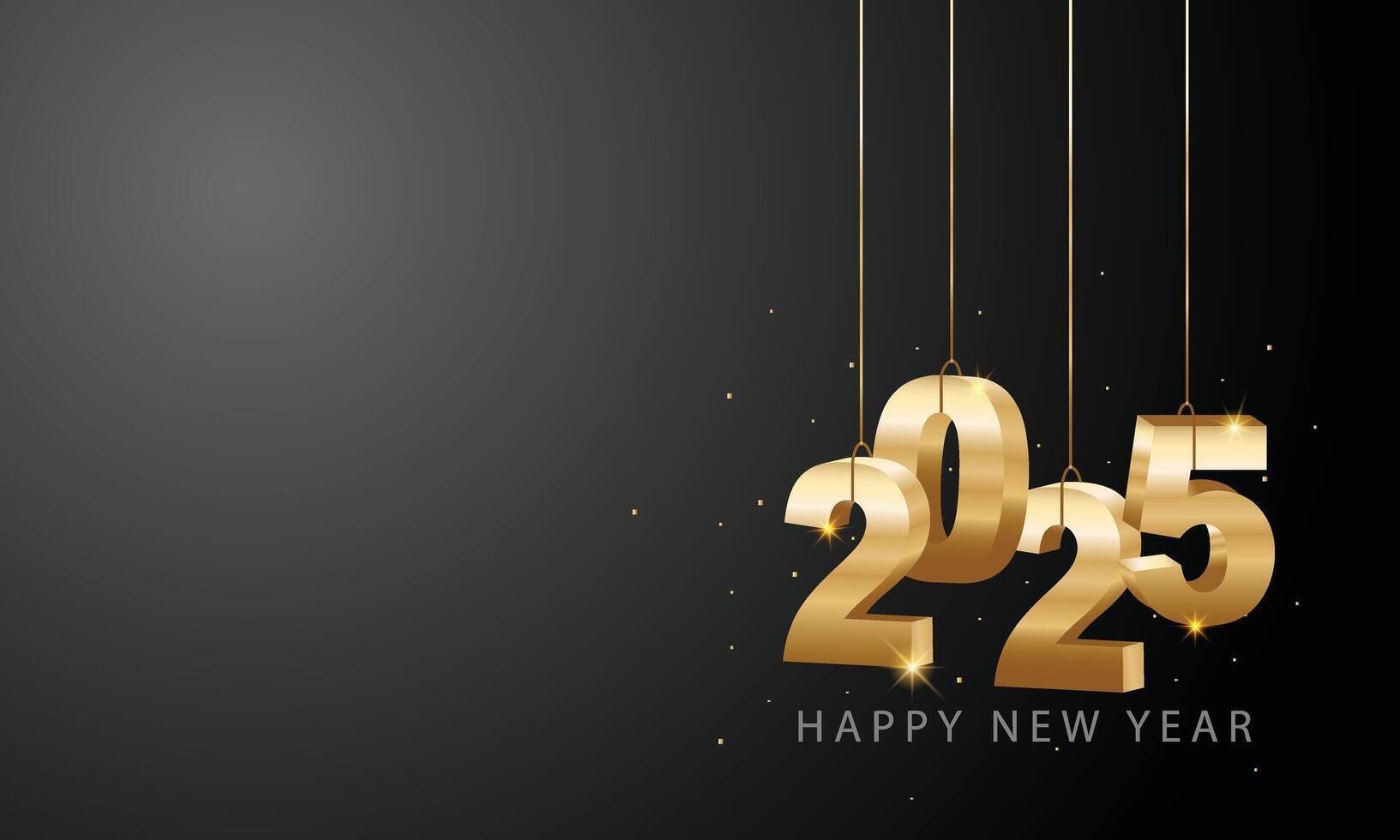 contento nuevo año 2025. colgando dorado 3d números con cintas y papel picado. fiesta saludo