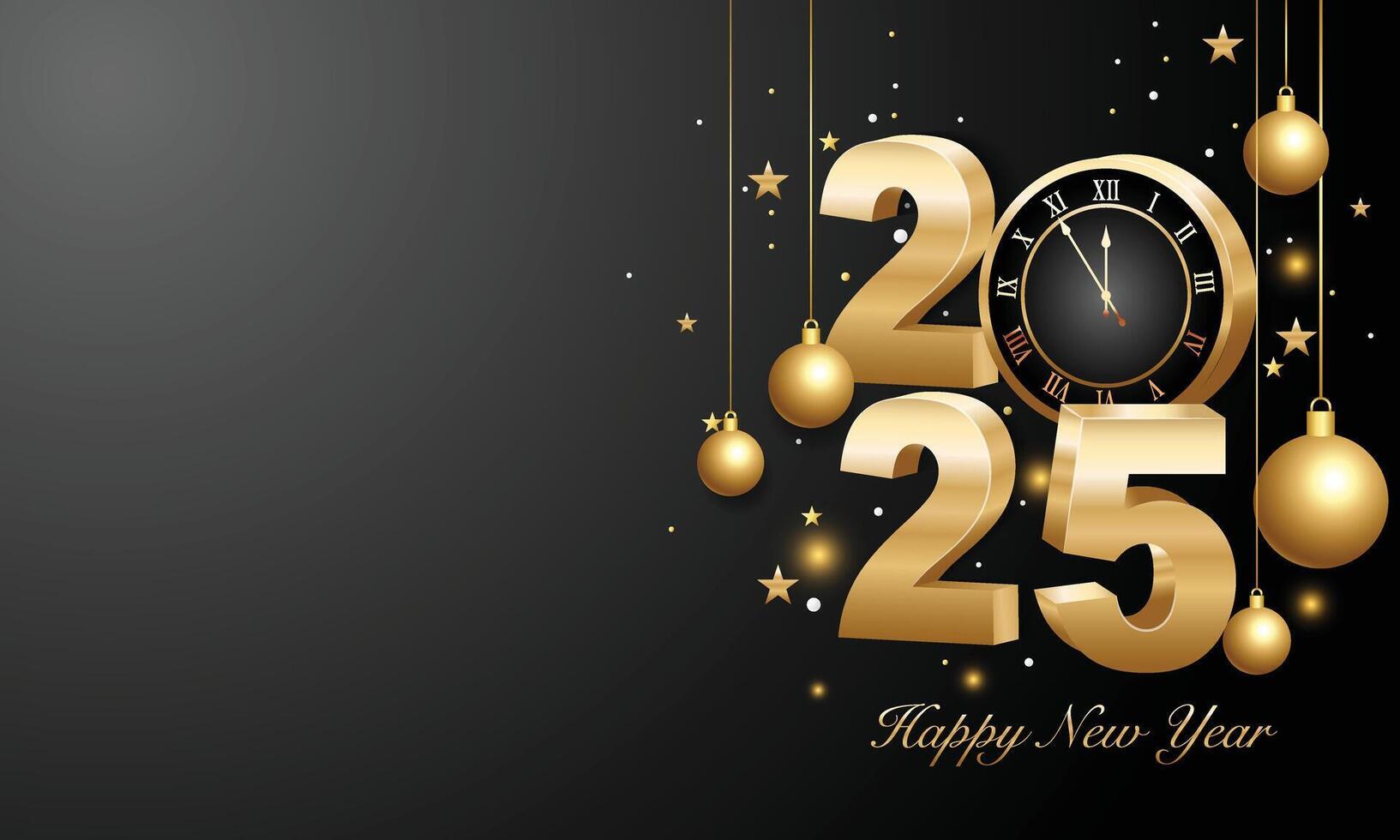 Happy new year 2025. 3d gold numbers with golden Christmas decoration and confetti on dark  background. Holiday greeting card design. vector