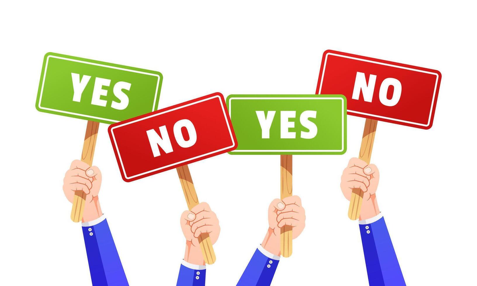 Businessman holding a yes or no sign. Vector illustration.