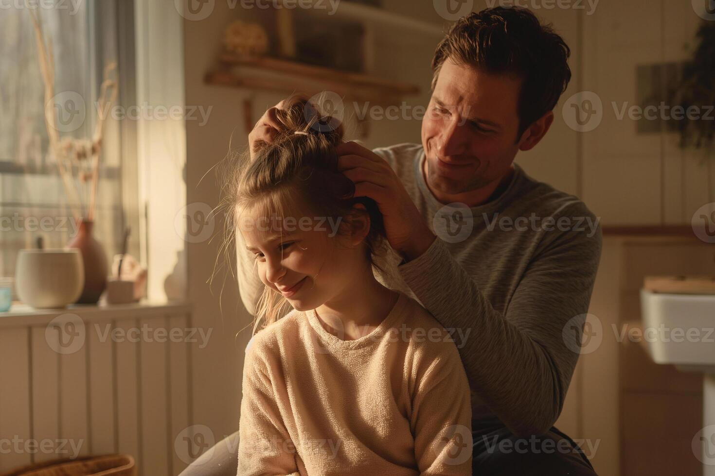 AI generated Father's Day concept, Father-Daughter Bonding, Styling Hair in a Cozy, Softly Lit Bathroom Setting photo