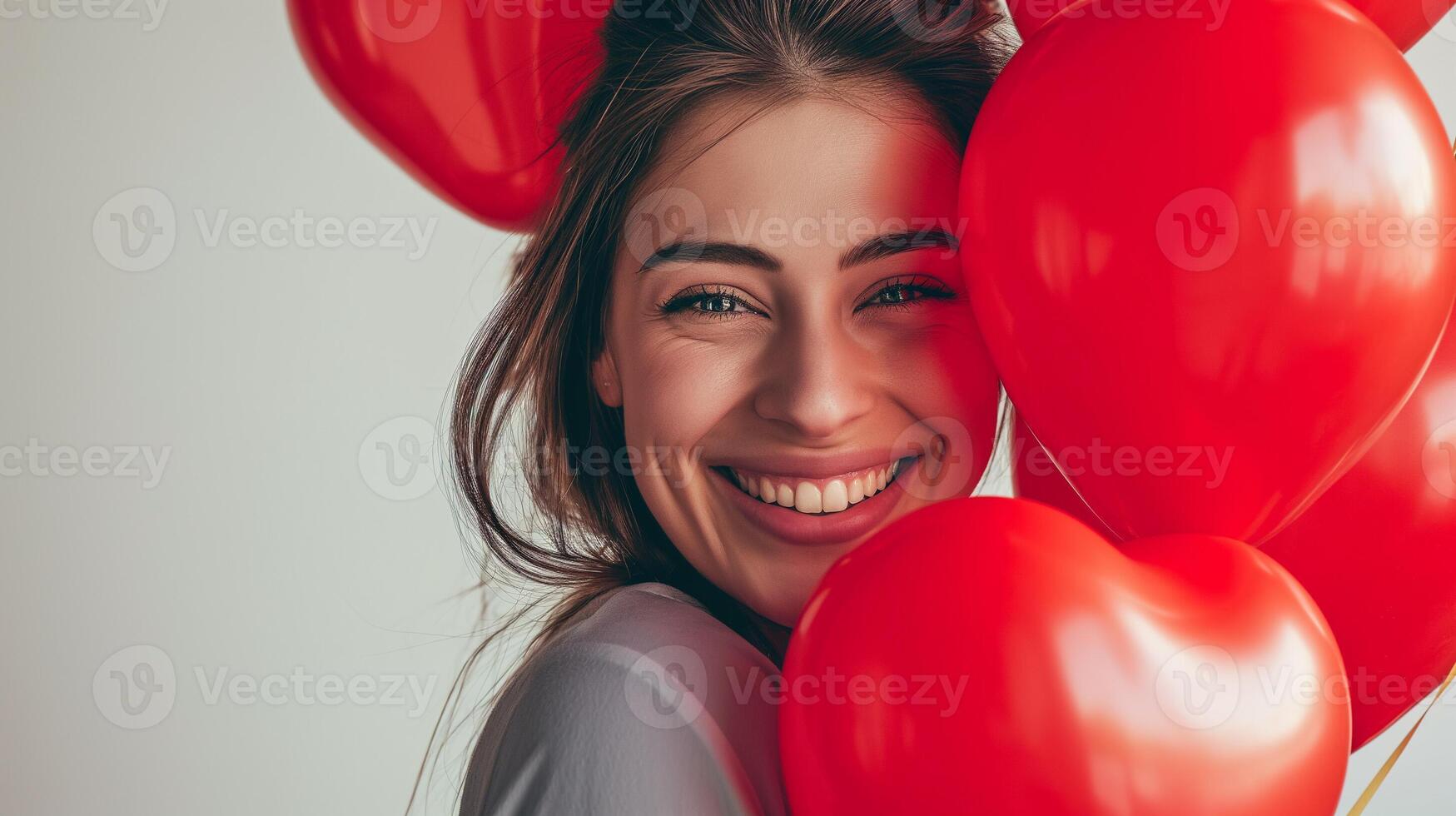 AI generated valentine's day concept, Radiant Joy - Woman with Red Heart Balloons Celebrating Valentine's Day photo