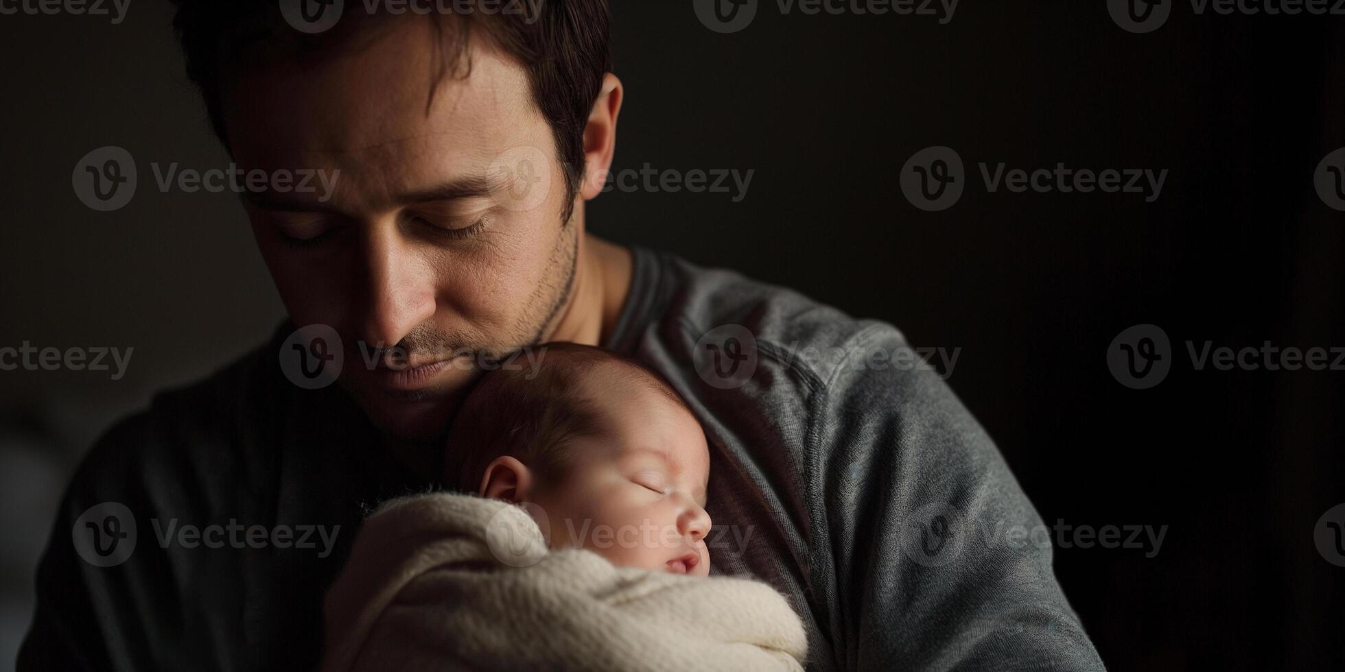 AI generated Father's Day concept, Serene Moment of Father Cradling Newborn in Dimly Lit Space photo