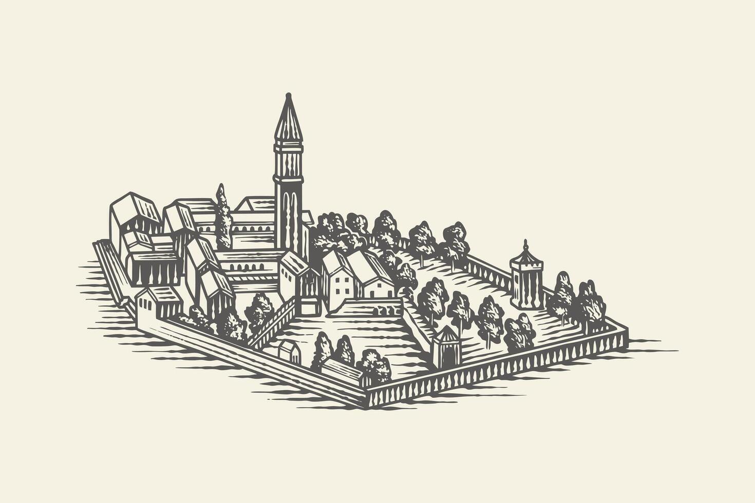 Clásico estilo grabado antiguo pueblo ilustración vector