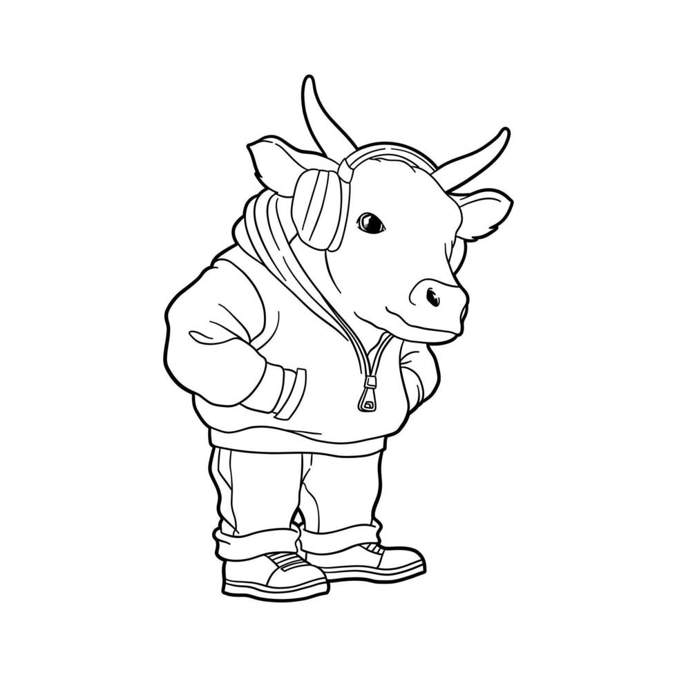 illustration of a cow listening to music in cartoon style vector