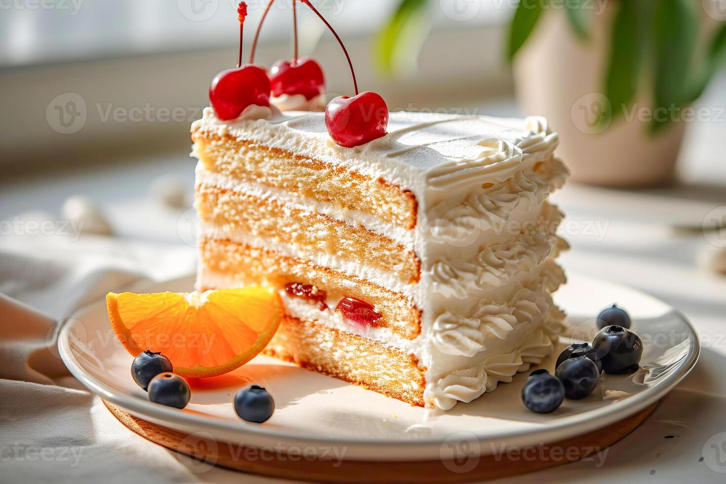 AI generated A portion of beautiful sponge cake with whipped cream and berries. AI generated. photo