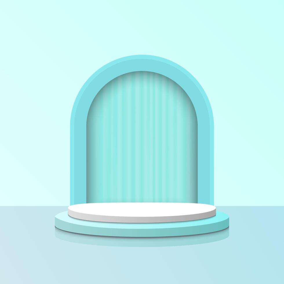 Empty 3d white and blue round podium with abstract geometric shape arch style background for display product. Cosmetic product display presentation. Vector illustration EPS 10.