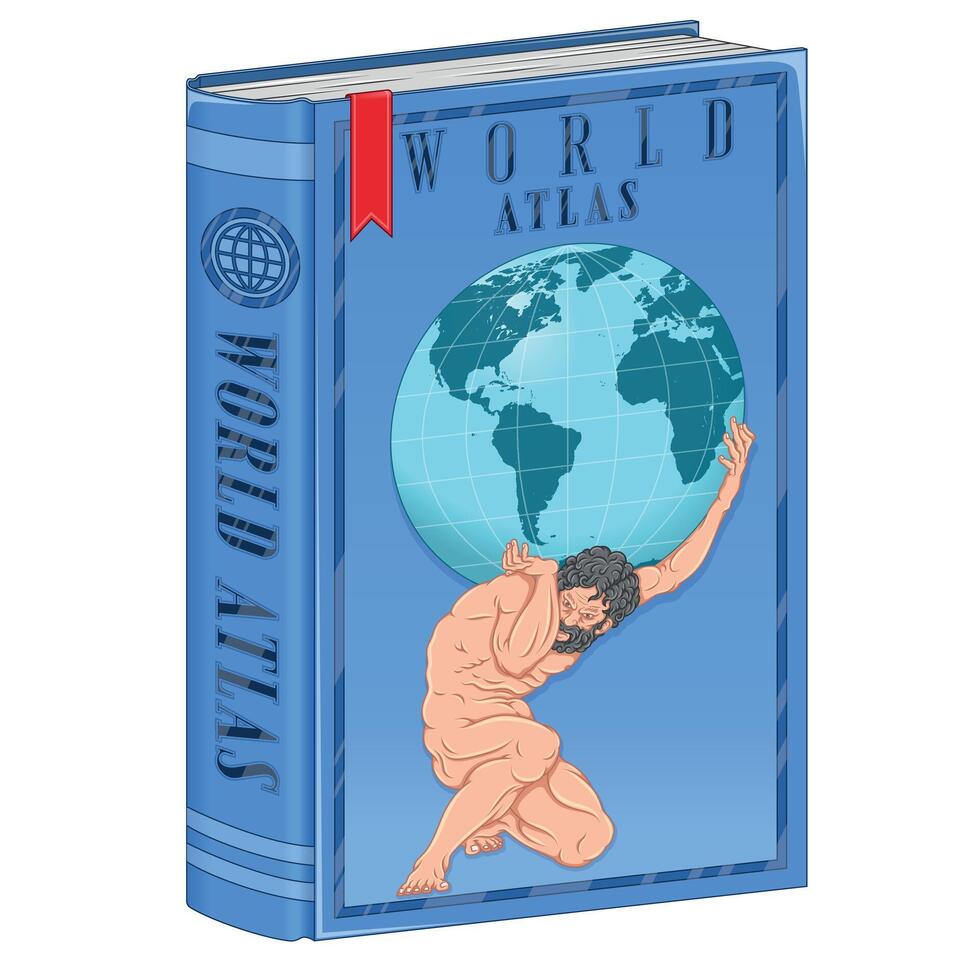 Vector design Atlas book of world maps, Greek mythology titan holding the earth sphere