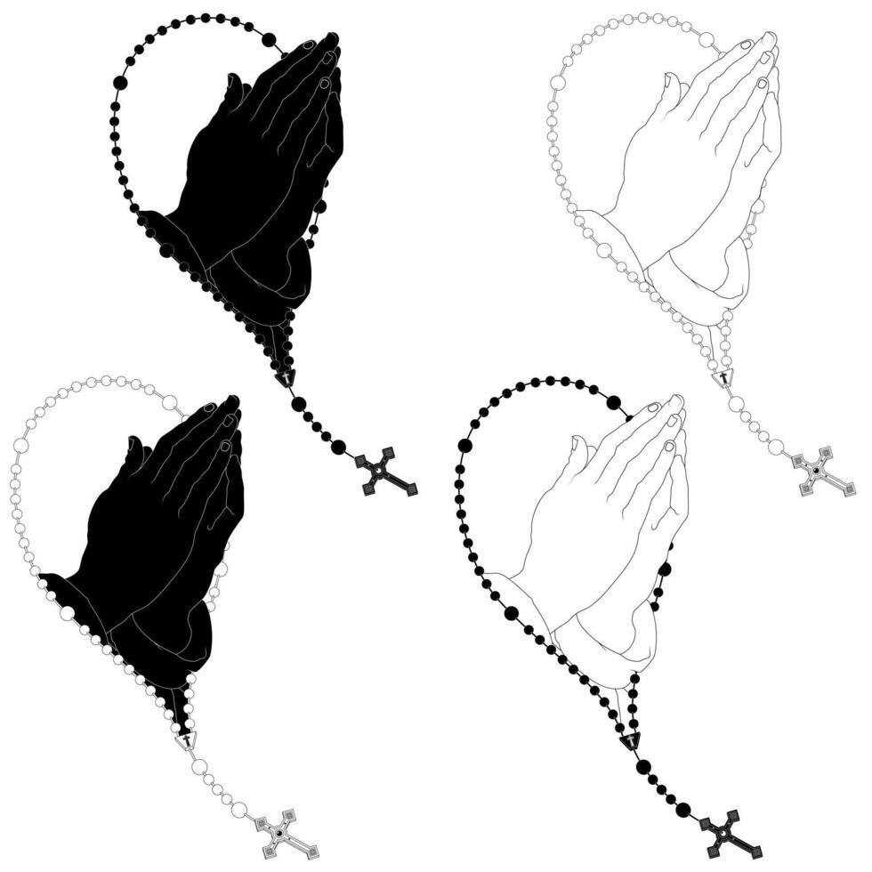 Vector design of praying hands with christian rosary, symbol of catholic religion