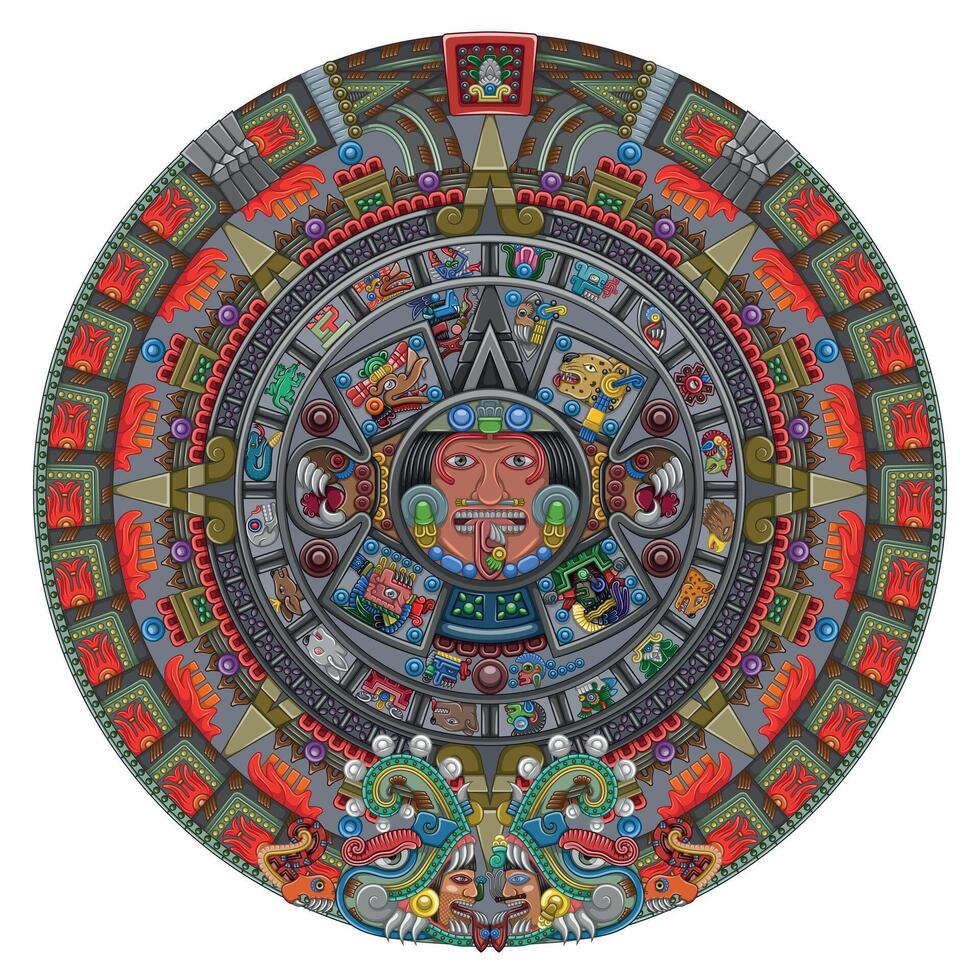 Vector design of Aztec calendar, monolithic disk of the ancient Mexica, sun stone of the Aztec civilization