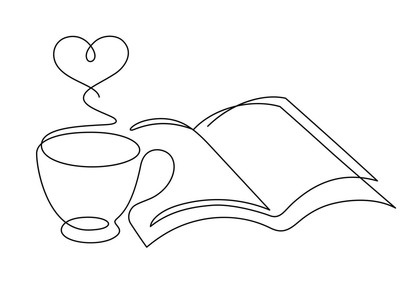 coffee cup and book opening one line drawing continuous minimalism illustration vector