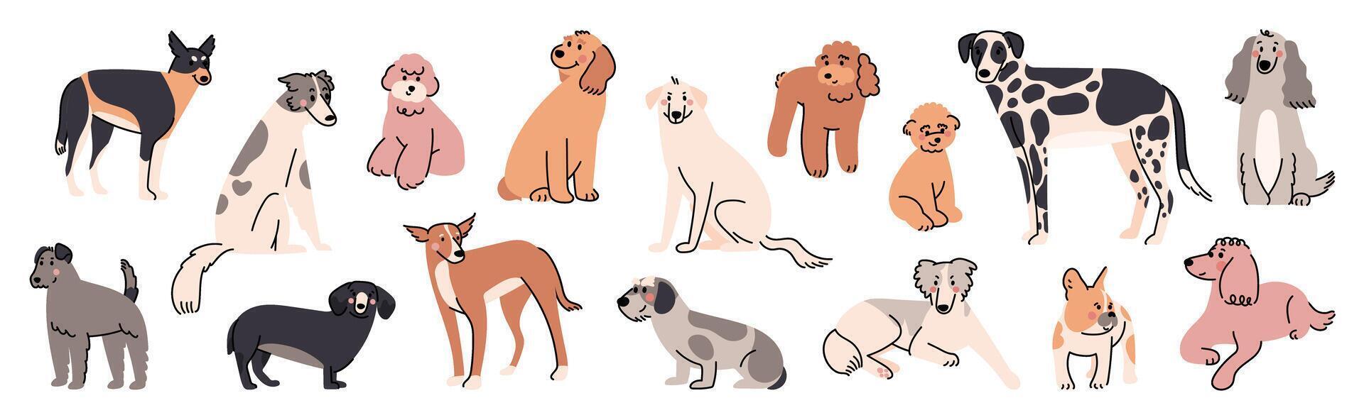 Set of cute dogs clipart vector. Lovely dog and friendly puppy doodle pattern in different poses and breeds with flat color. Adorable funny pet and many characters hand drawn collection. vector